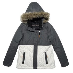 Body Glove Women's Medium Softshell Ski Jacket Fur Trim Hood White Gray Rare